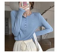 WQHPLMD T-Shirts de Printemps t-Shirts à Manches Longues T-Shirt décontracté de Base O Bouton de Cou Slim All-Match Tops Femme