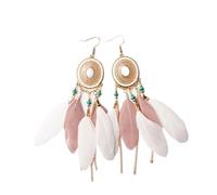 WQHPLMD Vintage Ethnic Style Feather Earrings u2013Oval Two-Tone Bohemian Tassel Feather Earrings,Exaggerated Large Statement Feather Curved Needle Earrings