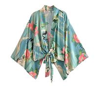WQHPLMD Vintage Floral Beach Summer Short Kimono Women Ladies Blouses Casual V Neck Batwing Sleeves Cover-Up (Color : Argento, Size : L)