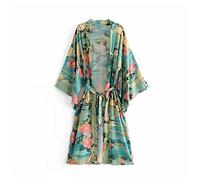 WQHPLMD Vintage Green Floral Print Sashes Women Bohemian v Neck BATWINGES HAPPIE Robe Kimono Cover-Up (Color : D, Size : XL Code)