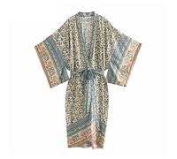 WQHPLMD Vintage Women Floral Print Batwing Sleeve Beach Kimono Dress Ladies V Neck Summer Robe Cover-up Vestidos (Color : D, Size : S Code)