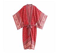 WQHPLMD Vintage Women Floral Print Batwing Sleeve Beach Kimono Dress Ladies V Neck Summer Robe Cover-up Vestidos (Color : Rosso, Size : L)