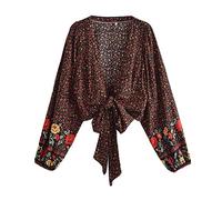 WQHPLMD Vintage Women Floral Print Rayon Bohemian Blouses Shirt Ladies Tops Long Sleeve Beach Robe Boho Cover-up (Color : D, Size : S Code)