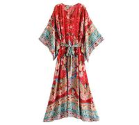 WQHPLMD Vintage Women Red Floral Print Bat Sleeve Beach Bohemian Dresses Kimono Ladies V Neck Sashes Boho Maxi Dress Vestidos (Color : D, Size : S Code)