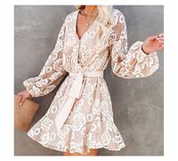 WQHPLMD Vintage Women Solid Floral Print V-Neck Long Sleeve Ruffles Sashes Beach Dress Ladies Lace Wrap Sundress (Color : Wit, Size : S Code)