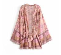 WQHPLMD Women Floral Print Sashes Rayon Beach Bohemian Kimono Dress Ladies V Neck Summer Boho Bikini Cover-up (Color : D, Size : L)