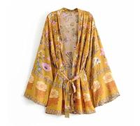 WQHPLMD Women Floral Print Sashes Rayon Beach Bohemian Kimono Dress Ladies V Neck Summer Boho Bikini Cover-up (Color : Argento, Size : S Code)