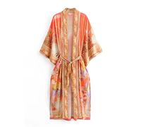 WQHPLMD Women Horse Floral Print Bat Sleeve Beach Bohemian Kimono Dresses Ladies V Neck Summer Cotton Boho Bikini Cover-up (Color : D, Size : L)
