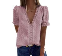 WQHPLMD Women Out Sexy Short Sleeve Shirt Lace Flower Blouses Casual Shirts V-Neck Summer Solid Color Elegant Top