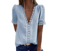WQHPLMD Women Out Sexy Short Sleeve Shirt Lace Flower Blouses Casual Shirts V-Neck Summer Solid Color Elegant Top