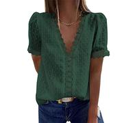 WQHPLMD Women Out Sexy Short Sleeve Shirt Lace Flower Blouses Casual Shirts V-Neck Summer Solid Color Elegant Top