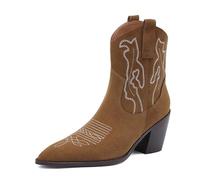 WQHPLMD Women's Boots Pointed Toe Thick Heel Low Boots Embroidered Denim Flat Boots Suitable for Shopping in Spring and Autumn