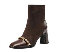 WQHPLMD Women's Boots Square Toe Elastic Skinny Boots Brown Thick Heel Short Boots Suitable for Walking in Autumn and Winter