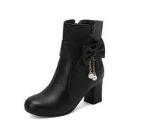 WQHPLMD Women's Chunky Heels Ankle Boots Bow Round Toe Zipper Booties Party Daily Dress Shoes 6.5 CM