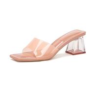 WQHPLMD Womens Clear Strap Block Heel Sandals Backless Square Open Toe Slip on Mules Party Prom Pumps Shoes 5.5cm
