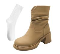 WQHPLMD Women's High Boots Round Toe Thick Sole Warm Boots Slimming Chunky Heels with White Socks Suitable for Leisure Travel in Autumn Winter