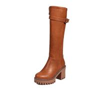 WQHPLMD Women's Knee High Riding Boots Buckle Round Toe Chunky Heel Long Boots Winter Party Dress Shoes 8CM