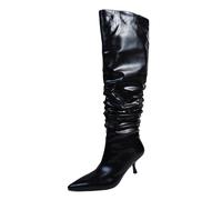 WQHPLMD Women's Long Boots Pointed Toe Stiletto Heel Boots Faux Leather Crinkled Mid Calf Boots Suitable for Leisure and Daily Travel