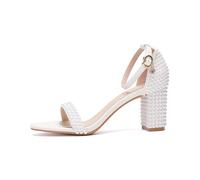 WQHPLMD Women's Pearl Sandals Chunky Heels Round Open Toe Pumps Party Dress Wedding Bride Shoes 7cm