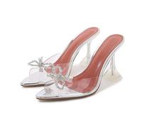 WQHPLMD Women's Pointed Open Toe Sandals Bow Slip on Mules Wedding Party Pumps Shoes 9cm