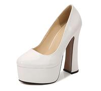 WQHPLMD Women's Pumps Round Toe Platform Patent Leather Shallow Mouth Chunky Heels Solid Color Professional Shoes Suitable for Night Banquet Etiquette Models Catwalk