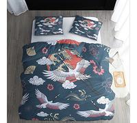 WQIZXCW Housse de Couette 240 x 260 Japon - Parure de Lit 2 Personnes Asiatique Grue Vague avec Fermeture Éclair, 2 Taies d'oreiller 65x65 cm, 100% Microfibre