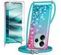 WQRTYJK Coque Collier pour Xiaomi Redmi Note 14 4G,avec Verre Trempé Protection écran Liquide Paillette Antichoc Silicone Housse avec Cordon Collier Tour de Cou Lanière Coque,Sky Blue