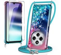 WQRTYJK Coque pour Xiaomi Redmi 14C/Poco C75,avec Verre Trempé Protection écran Liquide Paillette Antichoc Silicone Housse avec Cordon Collier Tour de Cou Lanière Coque,Sky Blue