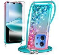 WQRTYJK Coque pour Xiaomi Redmi 15C 4G/5G,avec Verre Trempé Protection écran Paillette Antichoc Silicone Housse avec Cordon Collier Tour de Cou Lanière Coque,Sky Blue