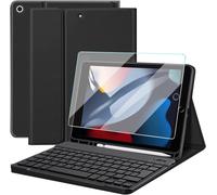 WQS-Clavier Coque + Verre Trempé pour iPad 9/8/7ème Génération 10.2 inch 2021/2020/2019, AZERTY Français Amovible Bluetooth sans Fil Clavier Étui Housse avec Pen Holder et Protection écran (Noir)