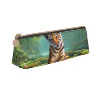 WQUVMDS Trousse à crayons triangulaire en cuir avec imprimé fleurs de lotus et tigre