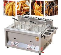 WQZzjm Friteuse à gaz Professionnelle 10 L/20 L, en Acier Inoxydable, avec Panier et bac à épices, pour Frites, Beignets, Poisson, Facile à Nettoyer, cuve Simple (Double cuve).