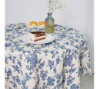 Wracra Nappe Pastorale Fleurie Bleu en Lin de Coton Nappe Style Fermier d'intérieur et d'extérieur de 140cm Ronde pour Les fêtes, Les Pique-niques et d'usage Quotidien