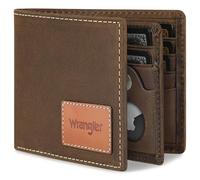Wrangler Portefeuille pour homme avec support AirTag, portefeuille à deux volets en cuir véritable avec blocage RFID, Cognag, Décontracté
