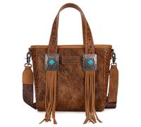 Wrangler Sac fourre-tout en cuir de vache pour femme Motif gravé Western avec franges en cuir, Marron occidental, Large