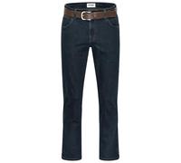 Wrangler Texas Jeans stretch pour homme Glaston Blue Nights Stonewash Darkstone Blue Black Overdye Authentic Straight avec ceinture, Bleu noir + ceinture marron, 32W / 34L