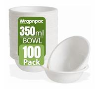 Wrap n Pac Bol à bagasse biodégradable, compostable et respectueux de l'environnement, résistant aux fuites, pour utilisation chaude et froide, passe au micro-ondes et au congélateur (100, 350 ml)