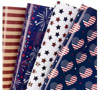 WRAPAHOLIC Feuille de papier cadeau du 4 juillet - 12 feuilles pliées à plat - Rayures bleues rouges/étoile/feu d'artifice/drapeau américain pour le 4 juillet, anniversaire et fête d'été - 50 x 70 cm