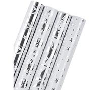WRAPAHOLIC Lot de 4 rouleaux de papier cadeau de Noël argenté de 76,2 cm - Flocons de neige argentés, canne à sucre d'orge avec feuille métallique brillante - 76,2 x 304,8 cm par rouleau