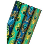 WRAPAHOLIC Lot de 4 rouleaux de papier cadeau de Noël motif paon vert avec feuille métallique brillante - 76,2 x 304,8 cm par rouleau