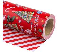 WRAPAHOLIC Mini rouleau de papier cadeau de Noël réversible - 43,2 cm x 10 m - Motif sapin de Noël rouge et rayures pour fêtes, fêtes