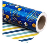 WRAPAHOLIC Mini rouleau de papier cadeau réversible pour Hanoucca - 43,2 cm x 10 m - Motif menorah bleu doré blanc et rayures pour célébration de Hanoucca pour vacances, fête, célébration