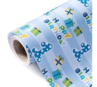 WRAPAHOLIC Papier cadeau pour 1er anniversaire - Mini rouleau - 43,2 cm x 10 m - Bleu Happy Birthday pour garçons, anniversaire, fête, vacances