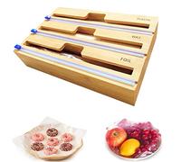 WrapNeat Distributeur de papier 3 en 1 avec cutter et étiquettes, film plastique, feuille d'aluminium et papier ciré pour tiroir de cuisine, support de rouleau en bambou, compatible avec rouleau de