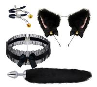 WreGmgg Set De 4 PièCes Collier en Dentelle Noire, Bandeau Fourrure De Queue De Renard, Cosplay Accessoires Set, Cadeau pour Couple - H
