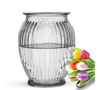 Wrenbury Grand vase en verre côtelé pour fleurs - Verre transparent de 18 cm - Vase tulipe pour roses, bourgeons, jonquilles ou pivoines - Grande ouverture ronde pour pot pour maman