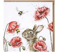 Wrendale Carte double avec enveloppe - Motif lapin assis dans le champ de coquelicots et observé les bourdons - Carré - 15 x 15 cm