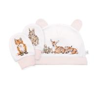 Wrendale Designs Hannah Dale Little Forest Ensemble bonnet et gants pour nouveau-né Motif animaux de la forêt, Blanc.