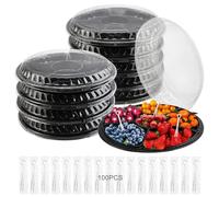 WRENYZK Lot de 10 plateaux à compartiments avec couvercles, plateau à goûter réutilisable en plastique avec 100 fourchettes, plateau de service rond noir de 31 cm avec 6 grilles pour aliments de fête