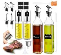 WRENYZK Lot de 4 Bouteilles D'Huile, 2 Bouteilles D'Huile D'Olive de 500 Ml Et 2 Flacons PulvéRisateurs D'Huile de 100 Ml, Verre Vinaigre et Distributeur D'Huile Avec Bec Verseur, Entonnoir, Brosse